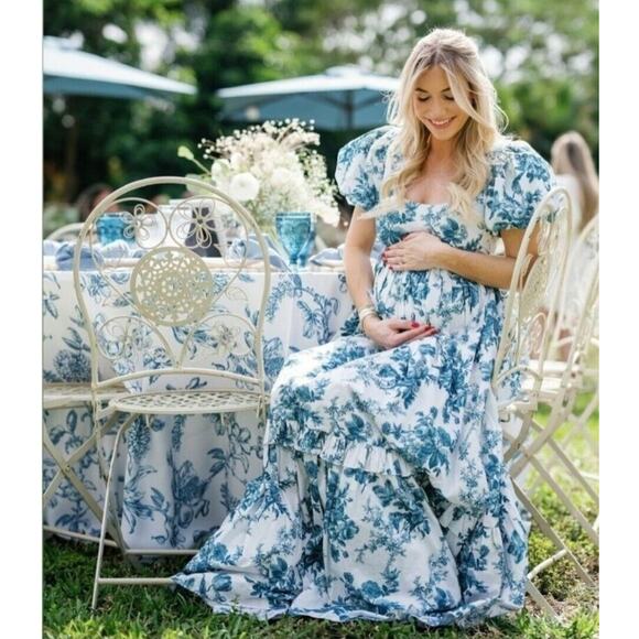 LoveShackFancy DANBURY Blue Floral Maxi Gown Dress Bridal Resort Vacation Sz 2 - Picture 6 of 16